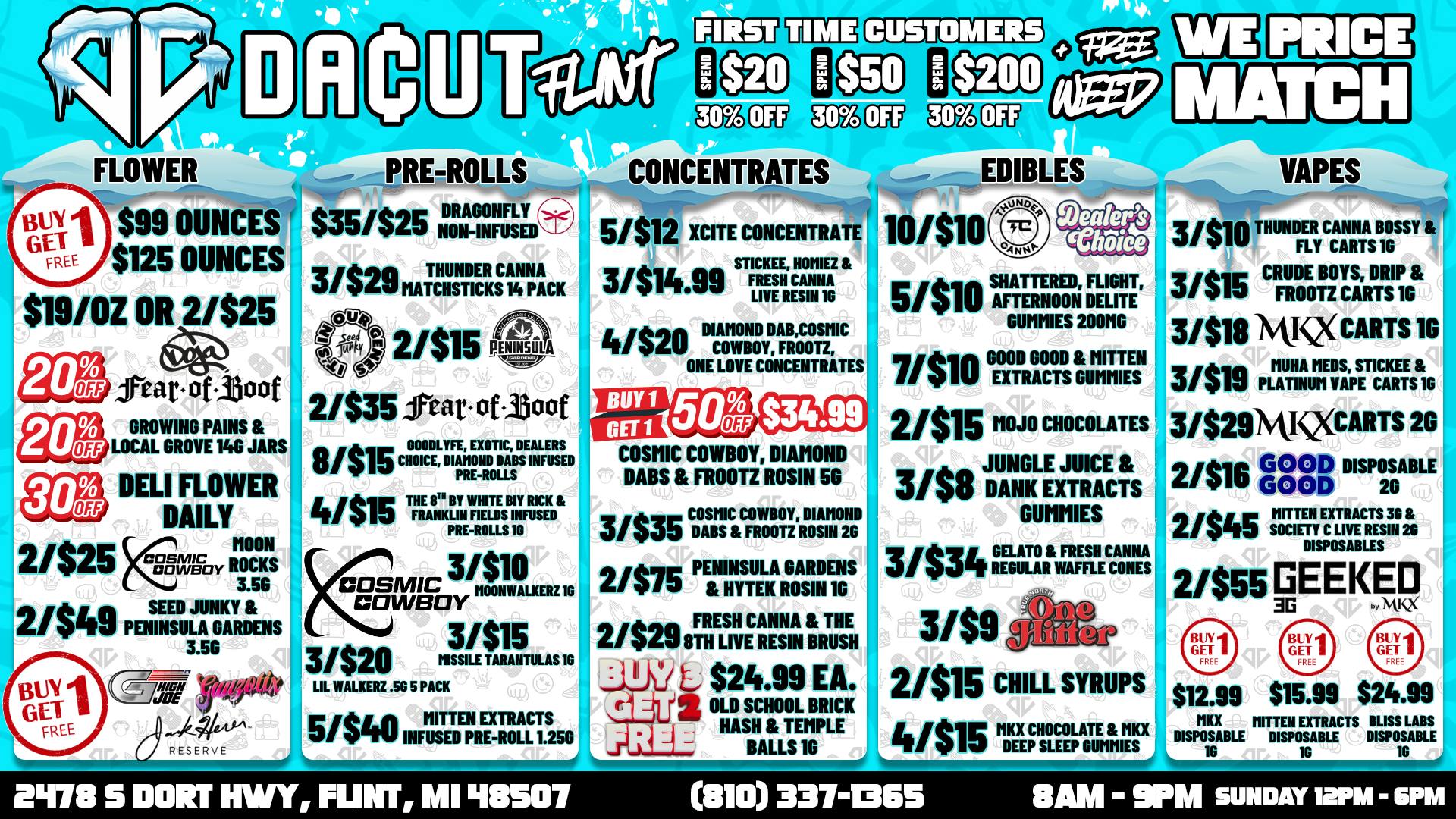 DACUT - FLINT BOGO Ounces, BOGO 8th's, 3/$10 Carts, 4/$20 Dabs