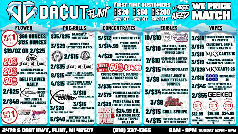 DACUT - FLINT BOGO Ounces, BOGO 8th's, 3/$10 Carts, 4/$20 Dabs