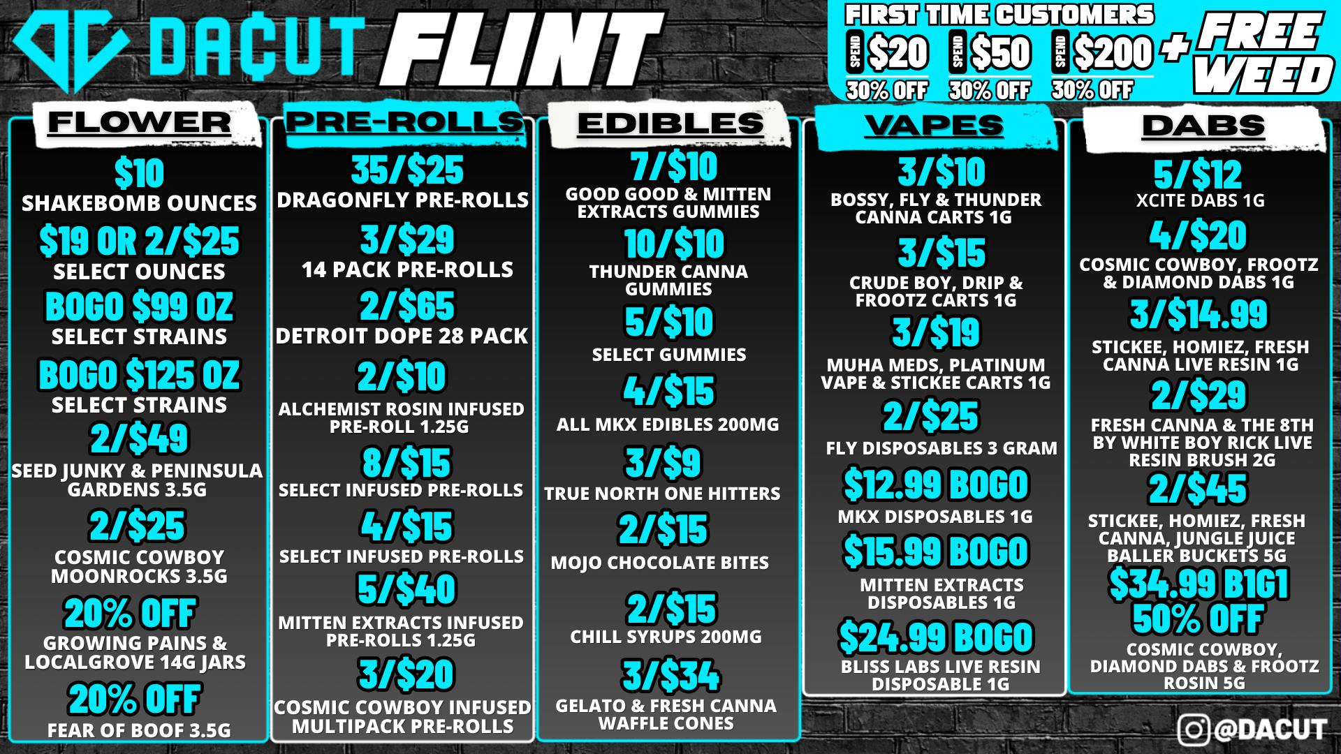 DACUT - FLINT BOGO Oz's, BOGO Disposables, 5/$12 Dabs
