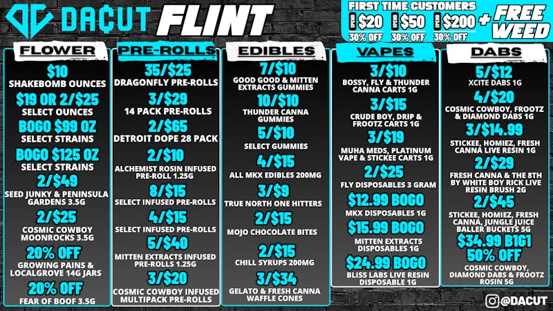 DACUT - FLINT BOGO Oz's, BOGO Disposables, 5/$12 Dabs