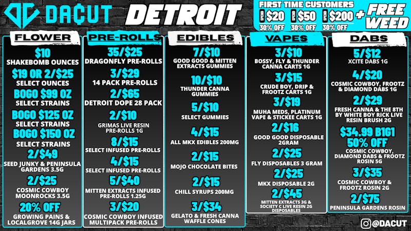 DACUT BOGO Oz's, 35/$25 Pre-Rolls, 2/$25 3g Disposables