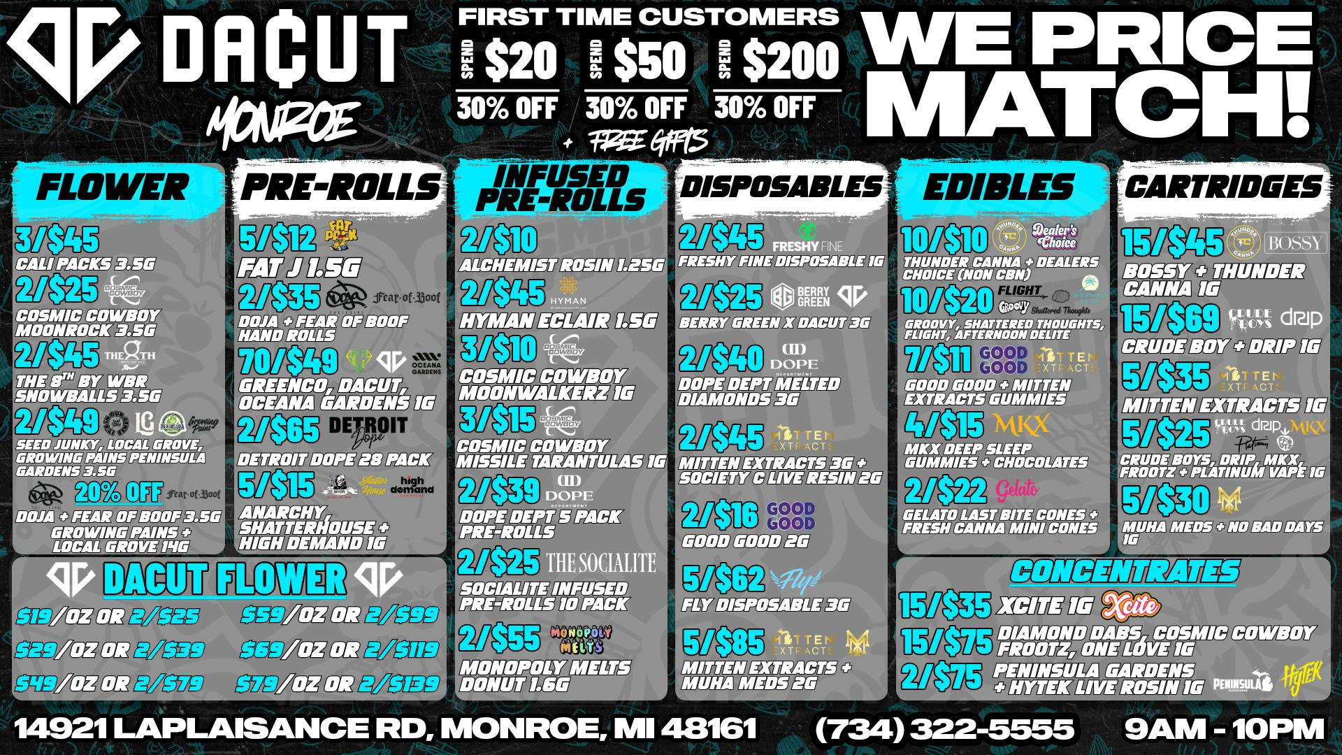 DACUT - Monroe 15/$69 Carts, 70/$39 Pre-Rolls, 5/$62 Disposables