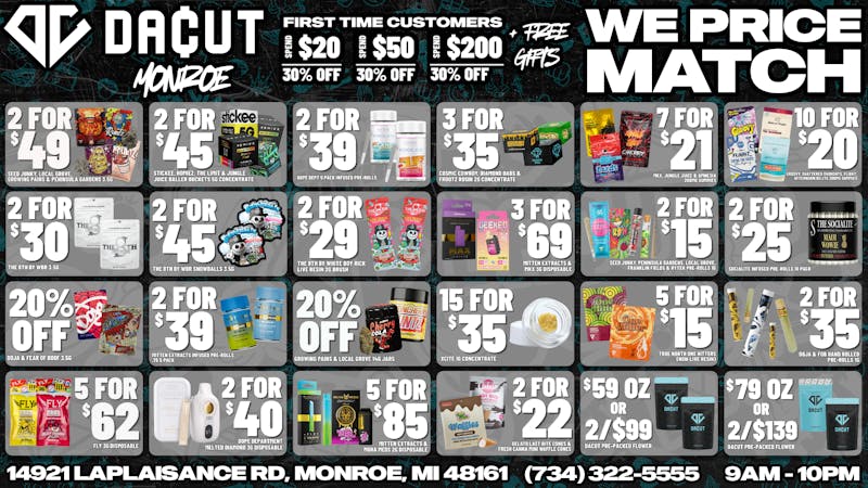 DACUT - Monroe 5/$85 Disposables, 15/$35 Concentrate, + More!
