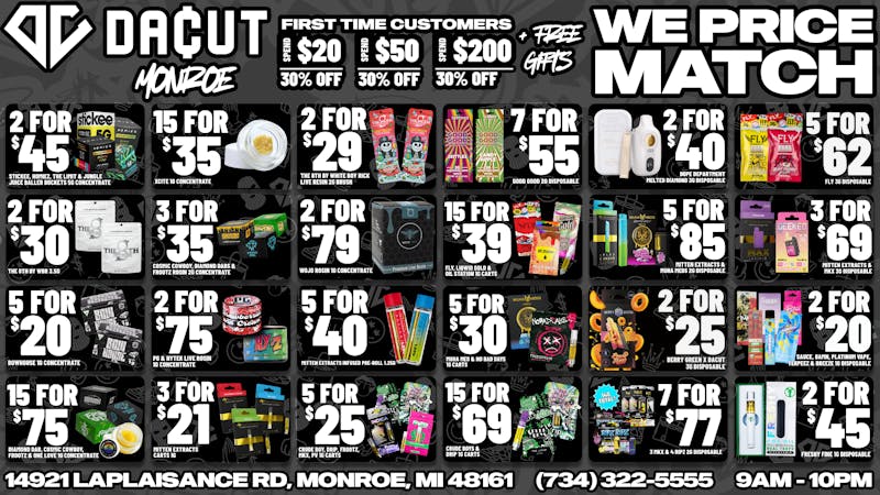 DACUT - Monroe 15/$75 Concentrates, 7/$77 Disposables + More!