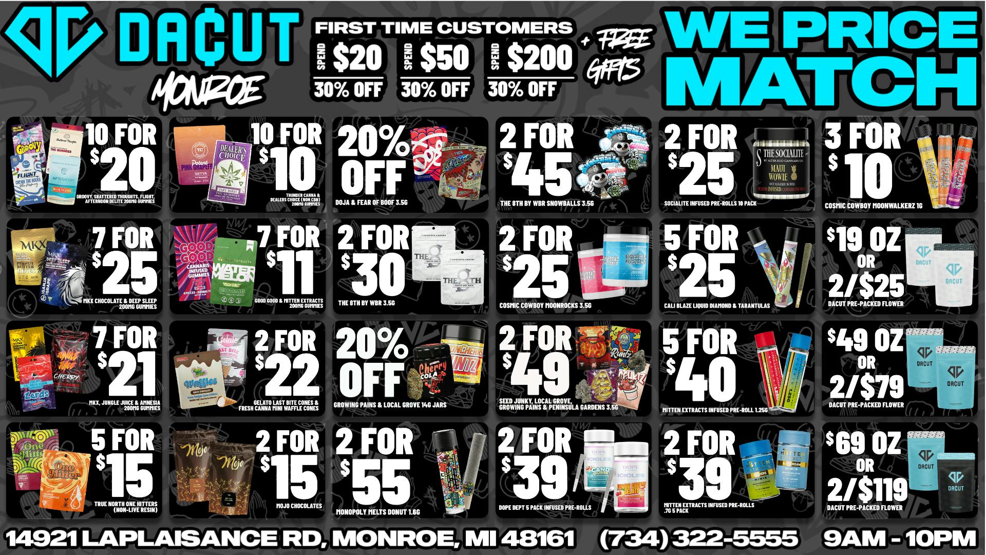 DACUT - Monroe 10/$20 Gummies, 5/$25 Infused Pre-Rolls + More!
