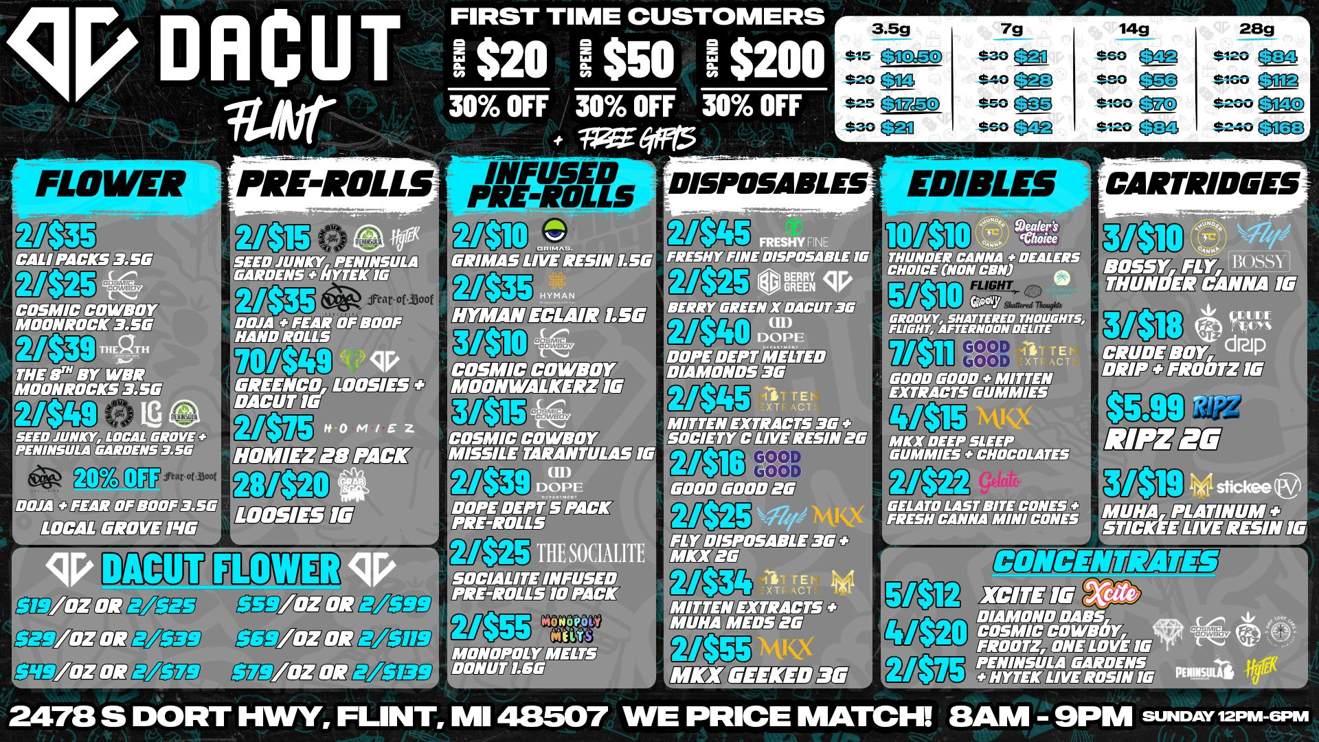 DACUT - FLINT 28/$20 Pre-Rolls, 7/$11 Gummies, 3/$10 Carts