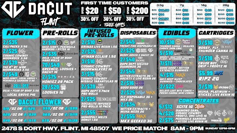 DACUT - FLINT 28/$20 Pre-Rolls, 7/$11 Gummies, 3/$10 Carts