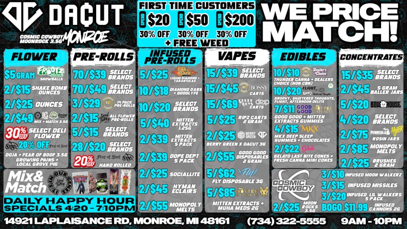 DACUT - Monroe 15/$39 Carts, 70/$39 Pre-Rolls, 15/$35 Dabs