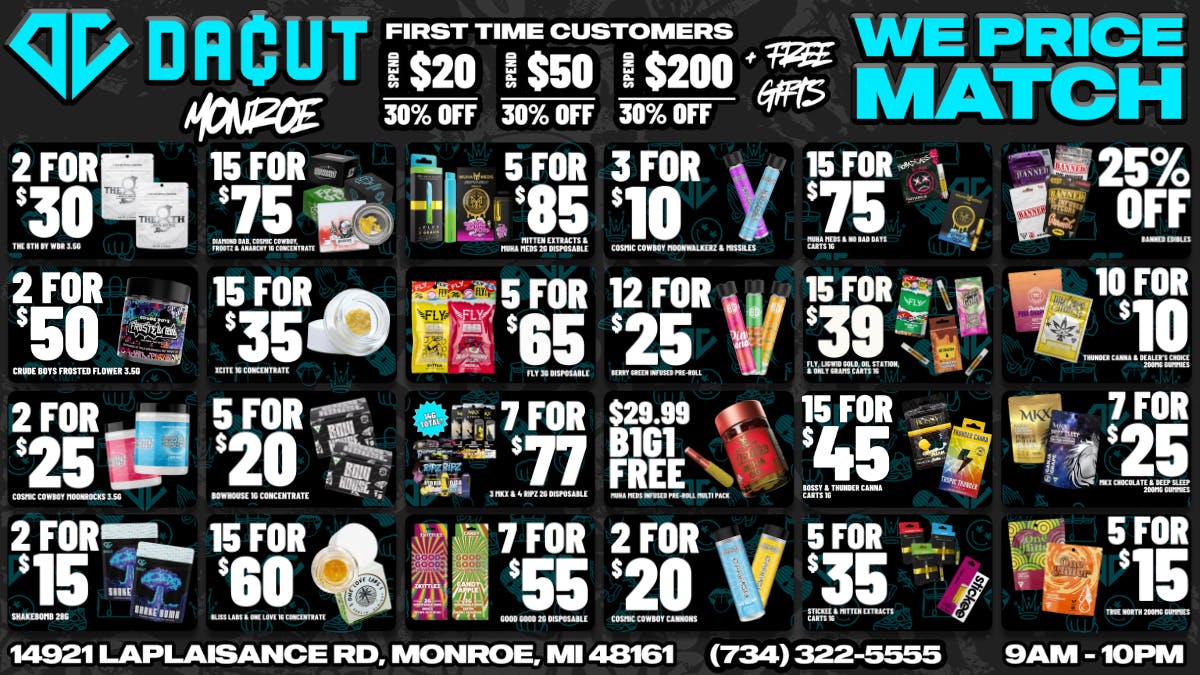 DACUT - Monroe 15/$39 Carts, 2/$15 Shakebomb, 15/$35 Concentrate