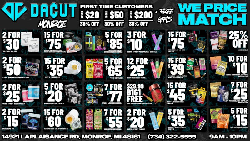 DACUT - Monroe 15/$39 Carts, 2/$15 Shakebomb, 15/$35 Concentrate