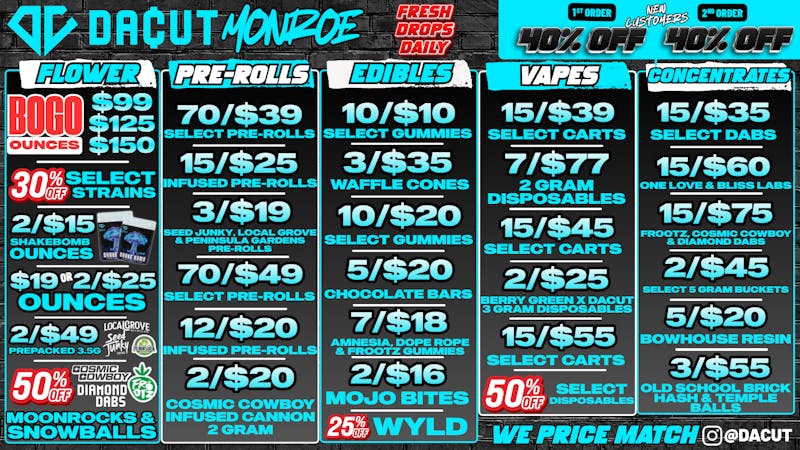 DACUT - Monroe BOGO Oz's, 15/$35 Dabs, 15/$39 Carts + More