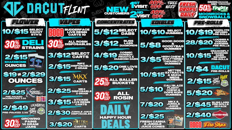 DACUT - FLINT 10/$15 8th's,30% OFF All Rosin & Rosin Disposables