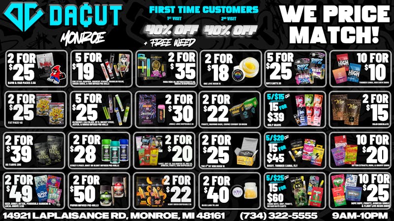 DACUT - Monroe 5/$25 Carts 2 Gram, 10/10 Gummies, 2/$18 Rosin