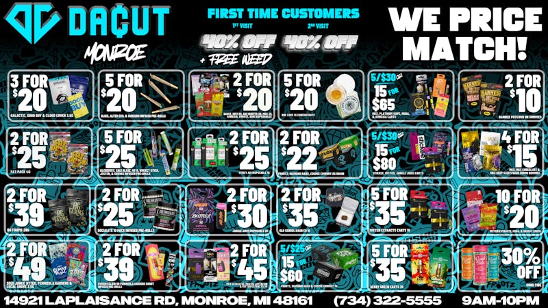 DACUT - Monroe 15/$65 Carts, 15/$60 Dabs, 2/$49 Seed Junky