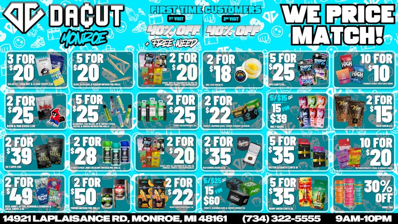 DACUT - Monroe 3/$20 8th's,2/$28 Stiiizy 5 Pack,30% OFF GoodTide