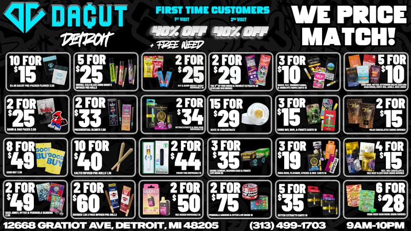 DACUT 15/$29 Dabs, 3/$18 Carts, 10/$40 Infused Pre-Rolls