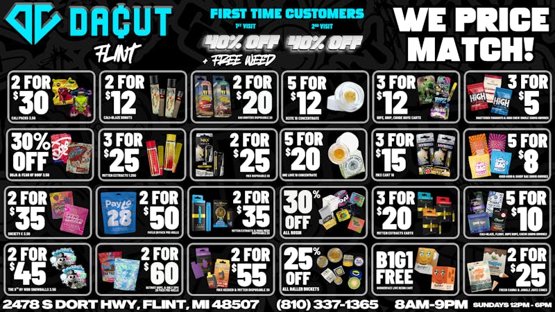DACUT - FLINT 5/$12 Dabs, 3/$12 carts, 2/$12 Cali Blaze Donuts