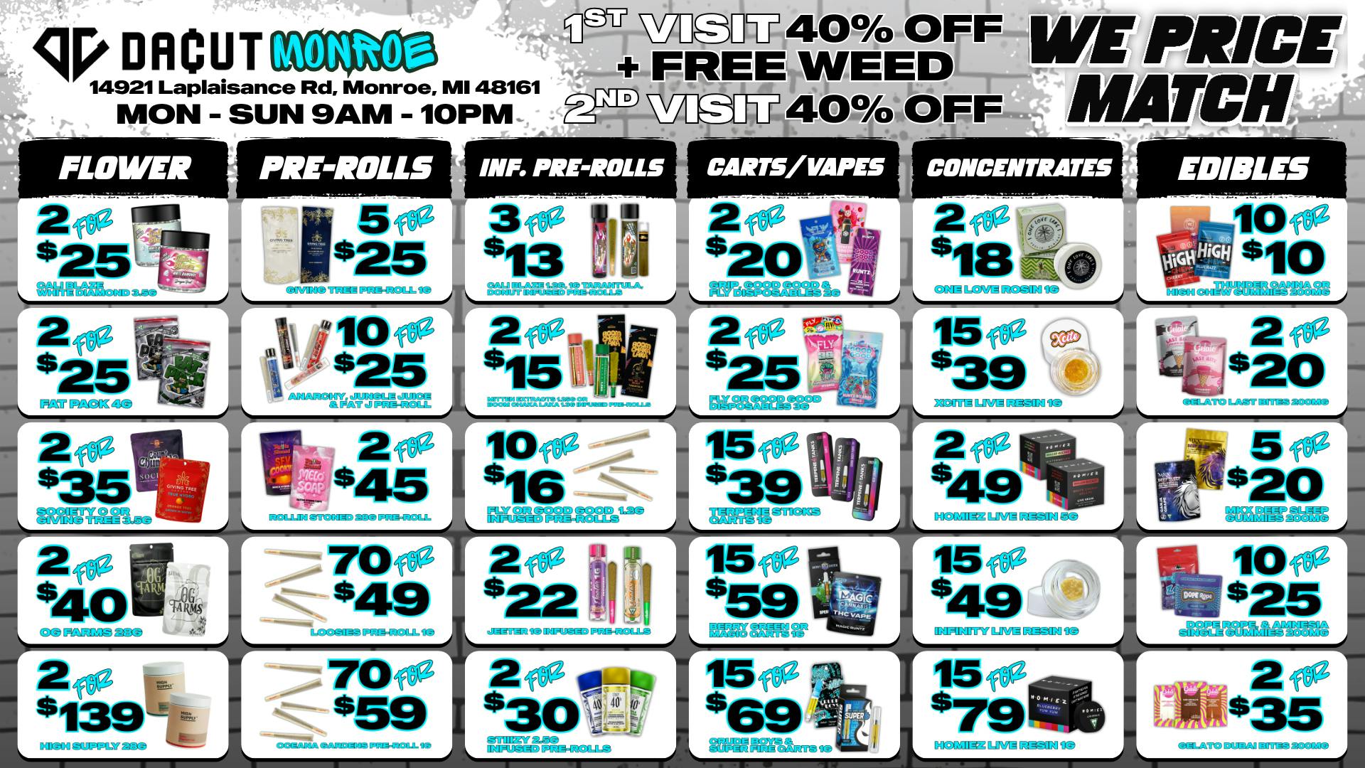 DACUT - Monroe 15 For $39 Carts, 70 For $49 Pre-Rolls + More