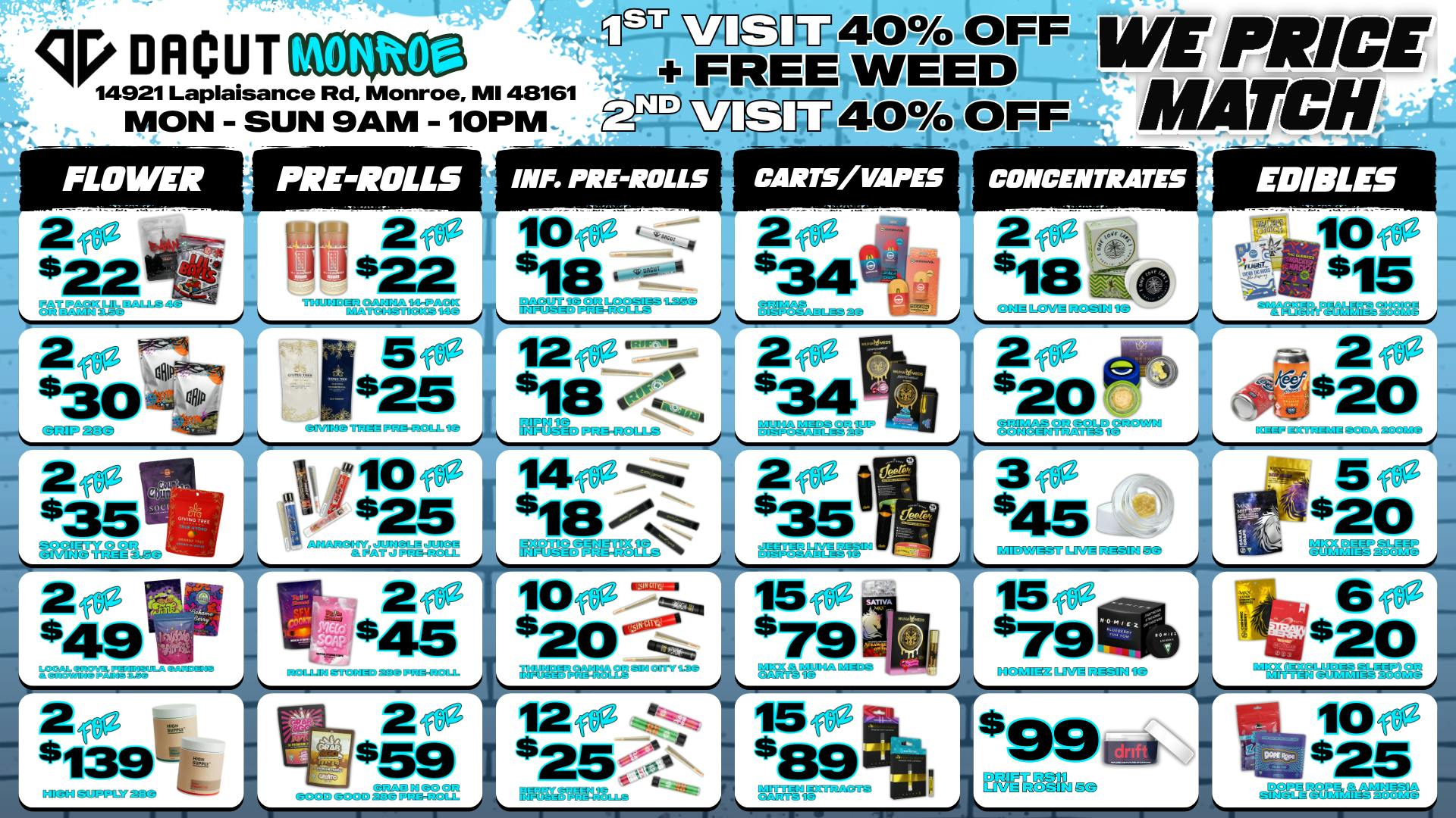 DACUT - Monroe 15 For $79 Carts, 15 For $79 Live Resin + More