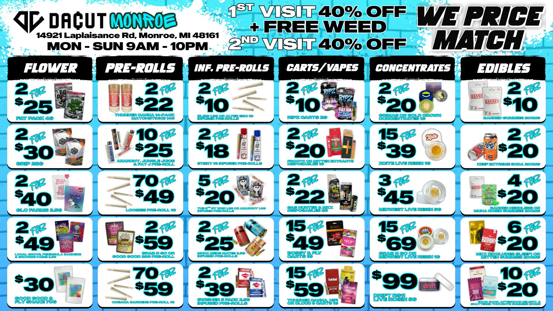 DACUT - Monroe 70 For $59 Pre-Rolls, 15 For $39 Live Resin + More