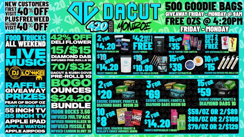 DACUT - Monroe 2/$4.20 Shakebombs, $14.20 OZ's, 70/$32 Pre-Rolls