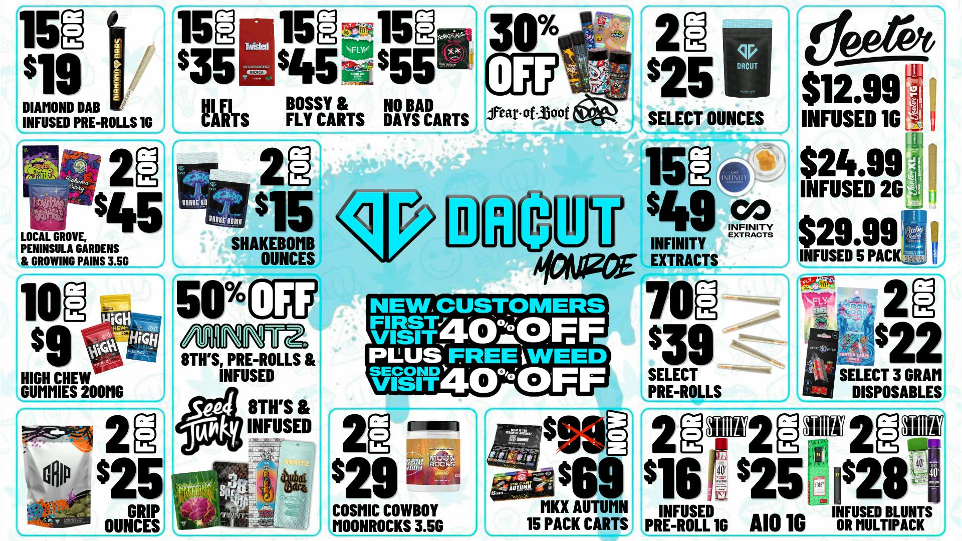 DACUT - Monroe 15/$19 Infused PreRolls,10/$9 Gummies,15/$35 Carts