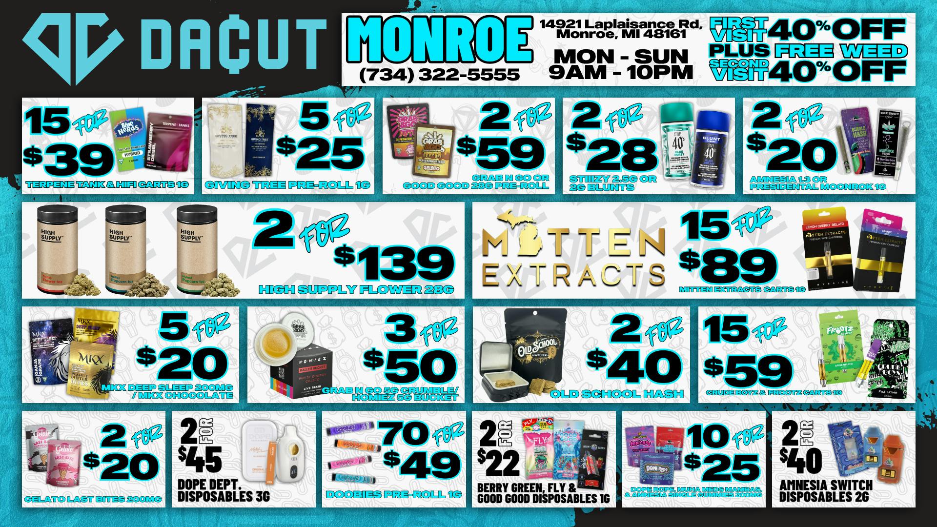 DACUT - Monroe 15/$39 CARTS, 70/$49 PRE-ROLLS, 5/$20 EDIBLES