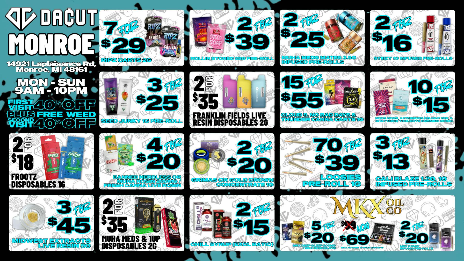 DACUT - Monroe 15/$55 CARTS, 70/$39 PRE-ROLLS, 10/$15 GUMMIES