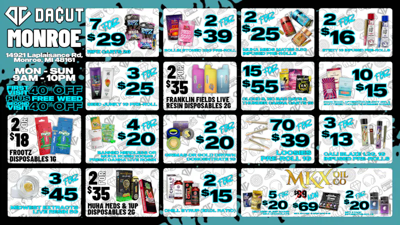 DACUT - Monroe 15/$55 CARTS, 70/$39 PRE-ROLLS, 10/$15 GUMMIES
