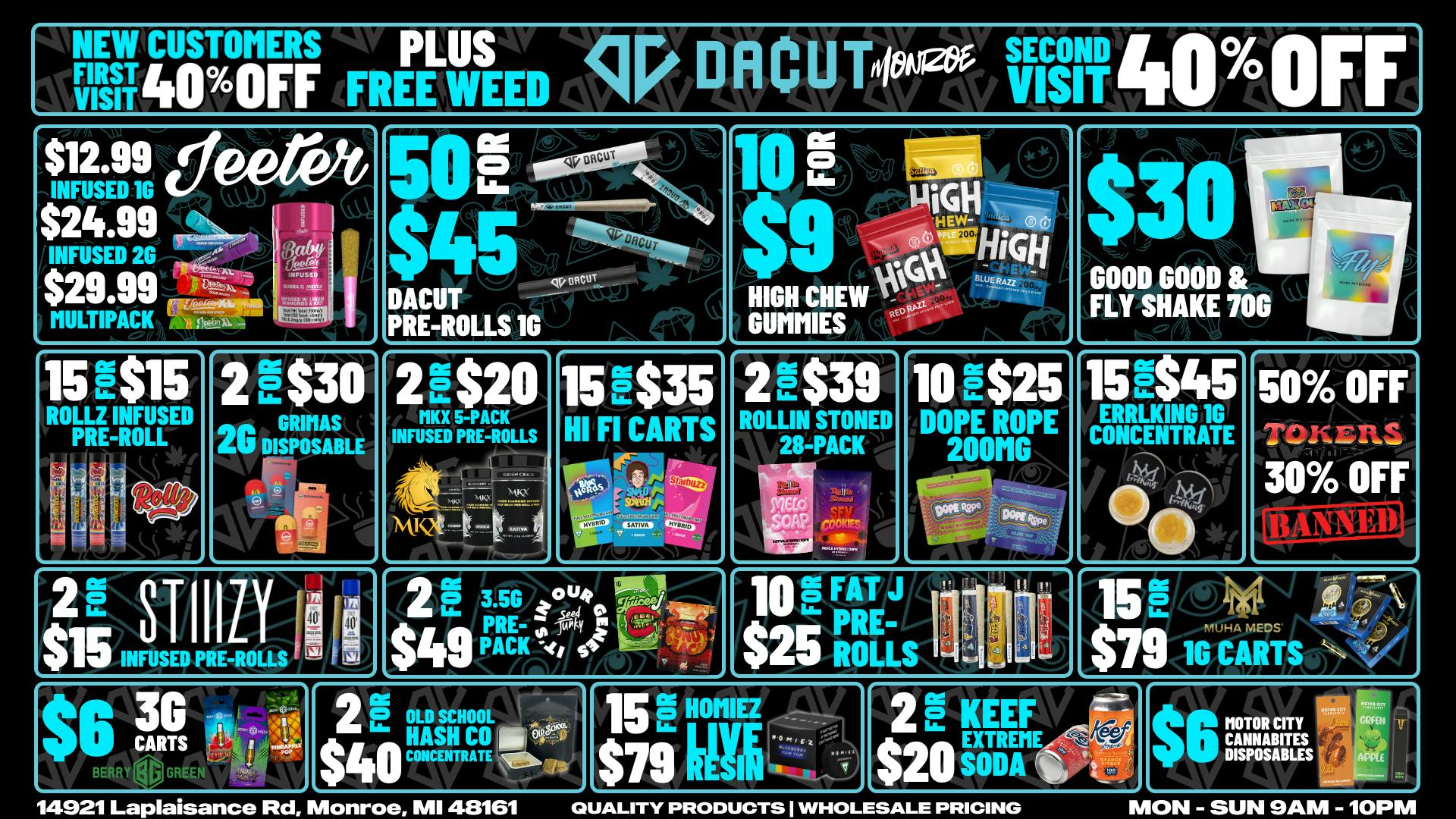 DACUT - Monroe 15/$15 pre-rolls, 15/$79 carts, 15/$79 resin