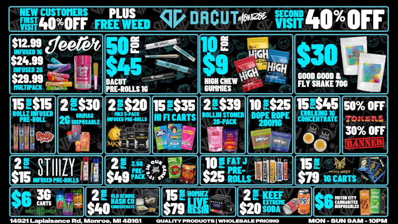 DACUT - Monroe 15/$15 pre-rolls, 15/$79 carts, 15/$79 resin