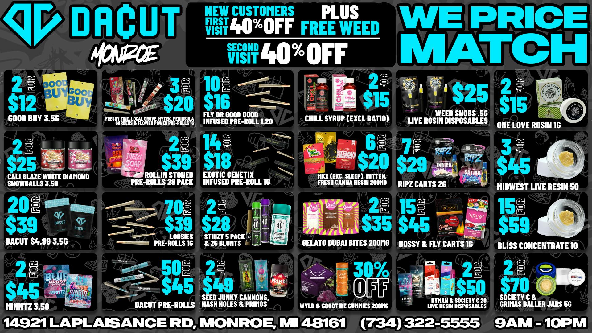 DACUT - Monroe 70/$39 pre-rolls, 15/$45 carts, 15/$59 concentrate
