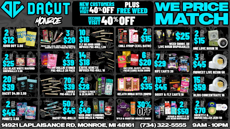 DACUT - Monroe 70/$39 pre-rolls, 15/$45 carts, 15/$59 concentrate