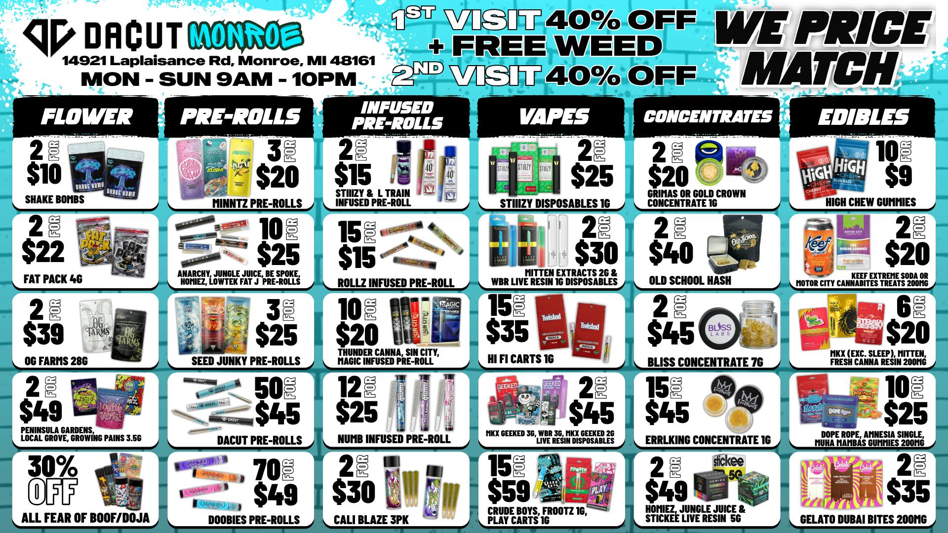DACUT - Monroe 2/$10 shakebomb, 50/$45 pre-rolls, 15/$35 carts