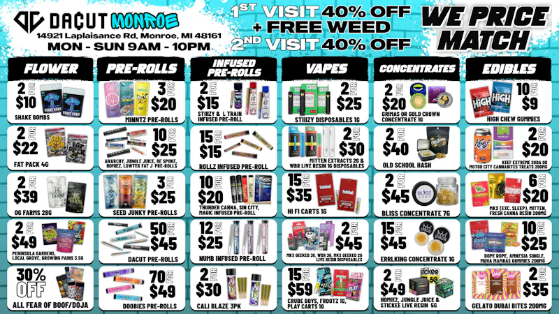 DACUT - Monroe 2/$10 shakebomb, 50/$45 pre-rolls, 15/$35 carts