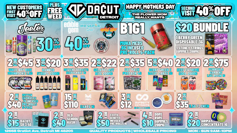 DACUT 30% off Jeeter, 3/$15 Carts, 2/$25 3g Disposables