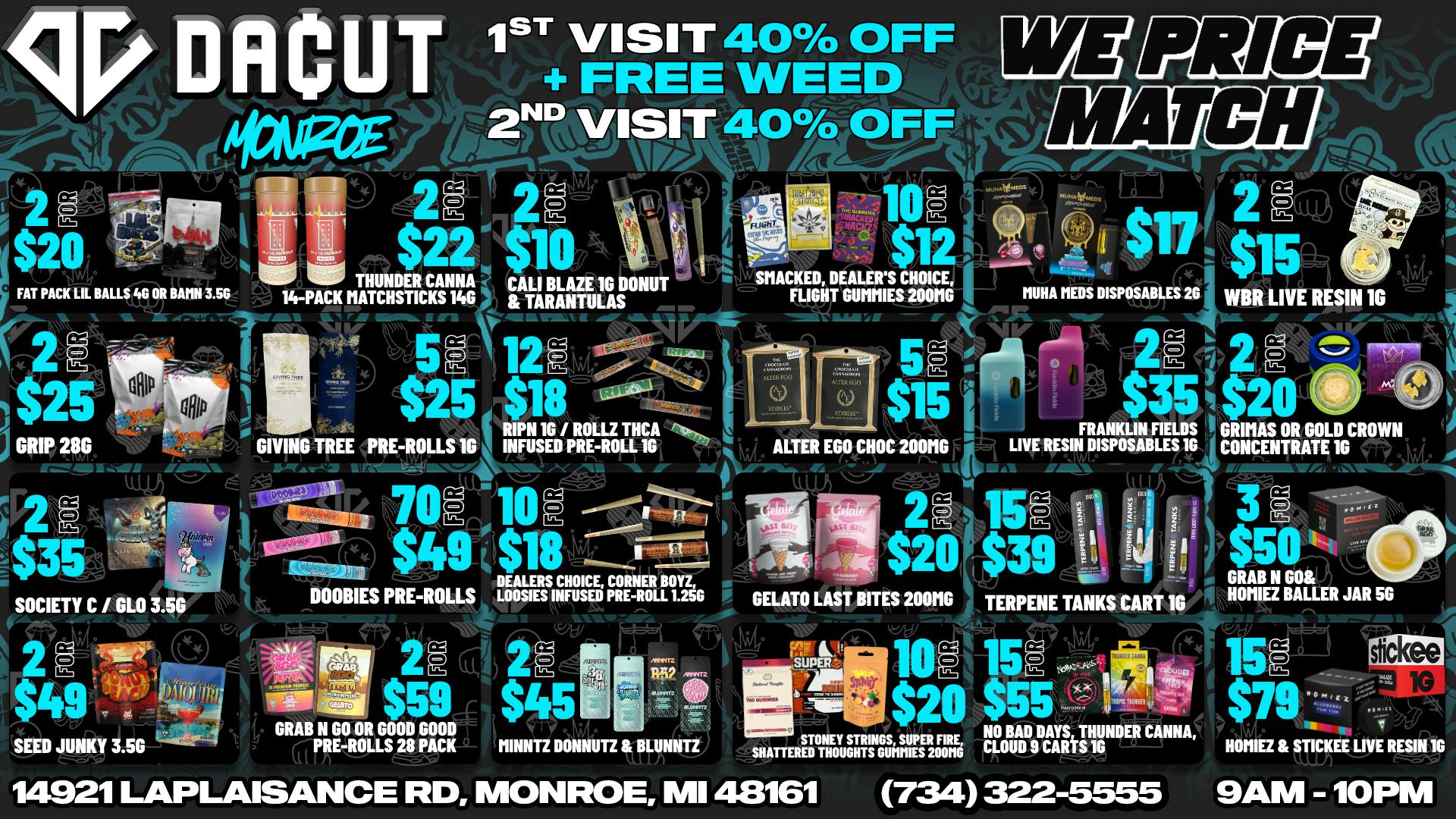 DACUT - Monroe 70/$49 pre-rolls, 15/$39 carts, 15/$79 concentrate
