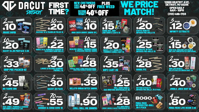 DACUT 2/$10 Shake OZ, 10/$20 Pre-Rolls, 10/$10 Gummies