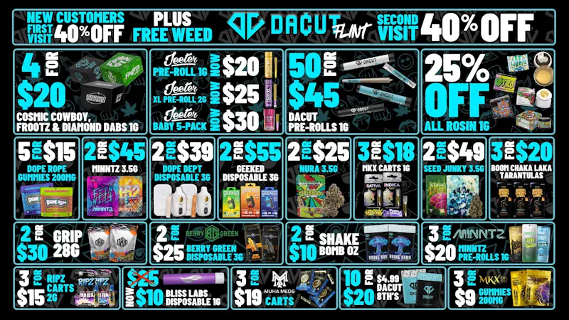 DACUT - FLINT 50/$45 Pre-Rolls, 3/$9 Gummies, 4/$20 Dabs + MORE