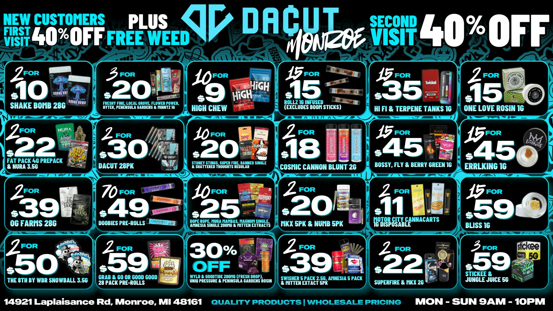DACUT - Monroe 2/$10 Shake Oz, 10/$9 Gummies, 70/$49 Pre-Rolls