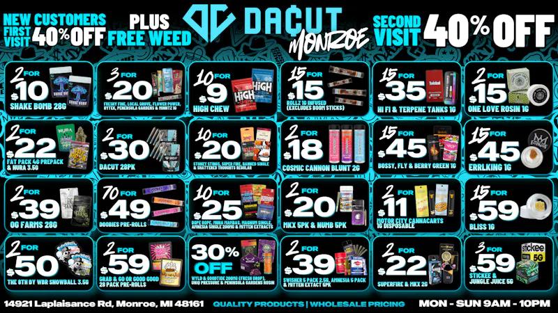 DACUT - Monroe 2/$10 Shake Oz, 10/$9 Gummies, 70/$49 Pre-Rolls