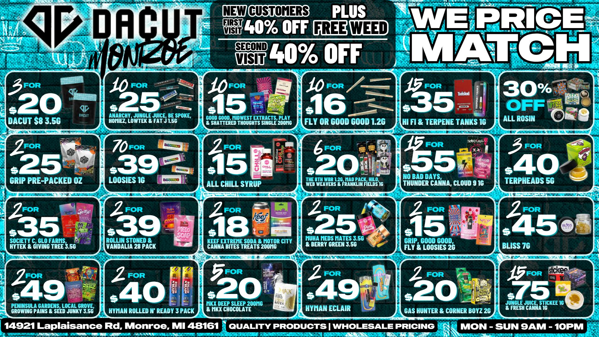 DACUT - Monroe 15/$35 Carts, 70/$39 Pre-Rolls, 15/$75 Dabs + MORE