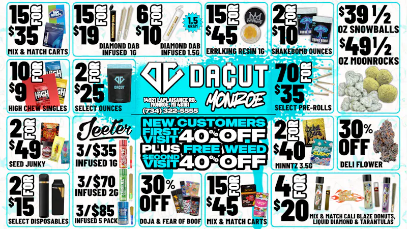 DACUT - Monroe $39 1/2 OZ Snowballs, 15/$35 Carts, 15/$19 Infused