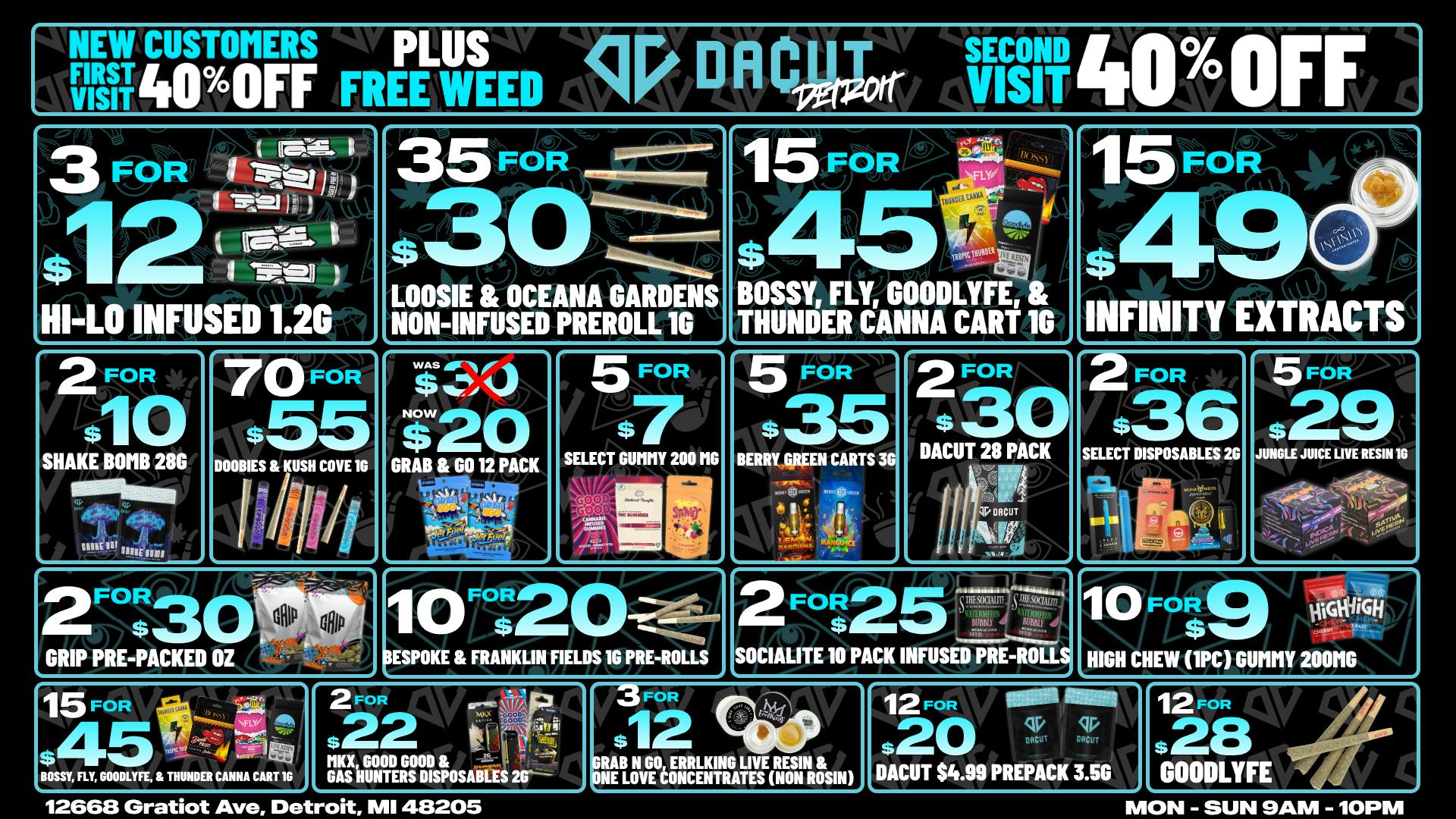 DACUT 35/$30 Pre-Rolls, 15/$45 Carts, 15/$49 Concentrate