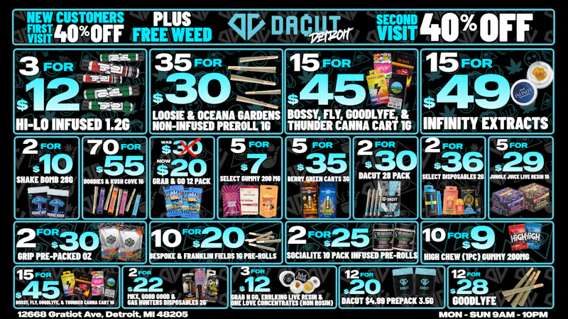 DACUT 35/$30 Pre-Rolls, 15/$45 Carts, 15/$49 Concentrate