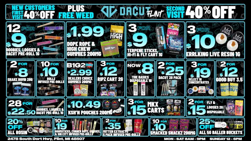 DACUT - FLINT 12/$9 Pre-rolls, $1.99 Gummies, 3/$9 Carts + MORE