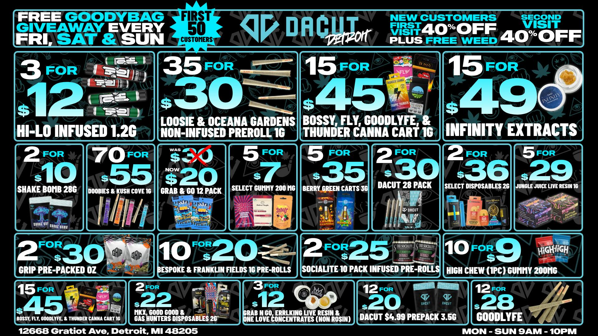 DACUT 35/$30 Pre-Rolls, 15/$45 Carts, 15/$49 Concentrate