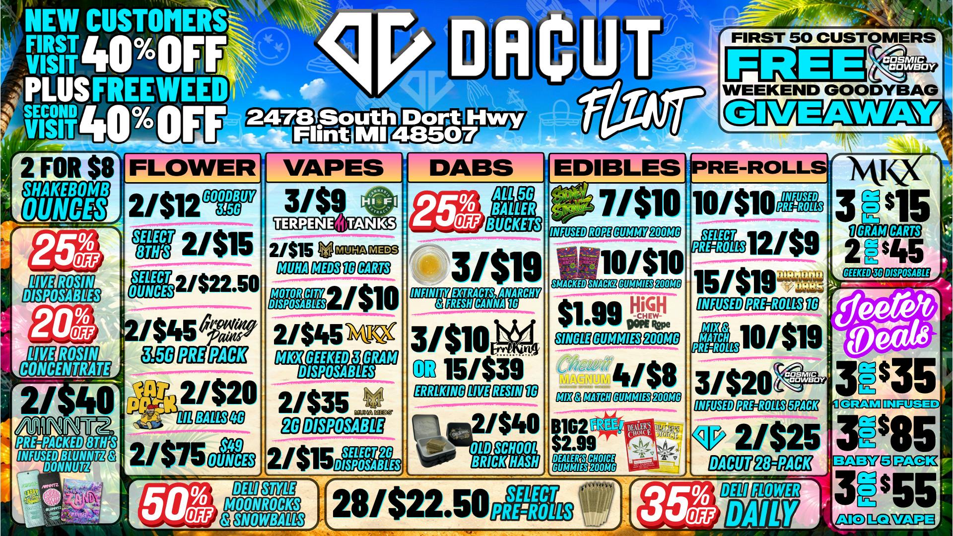 DACUT - FLINT 12/$9 Pre-Rolls, 10/$10 Infused, 3/$9 Carts + MORE