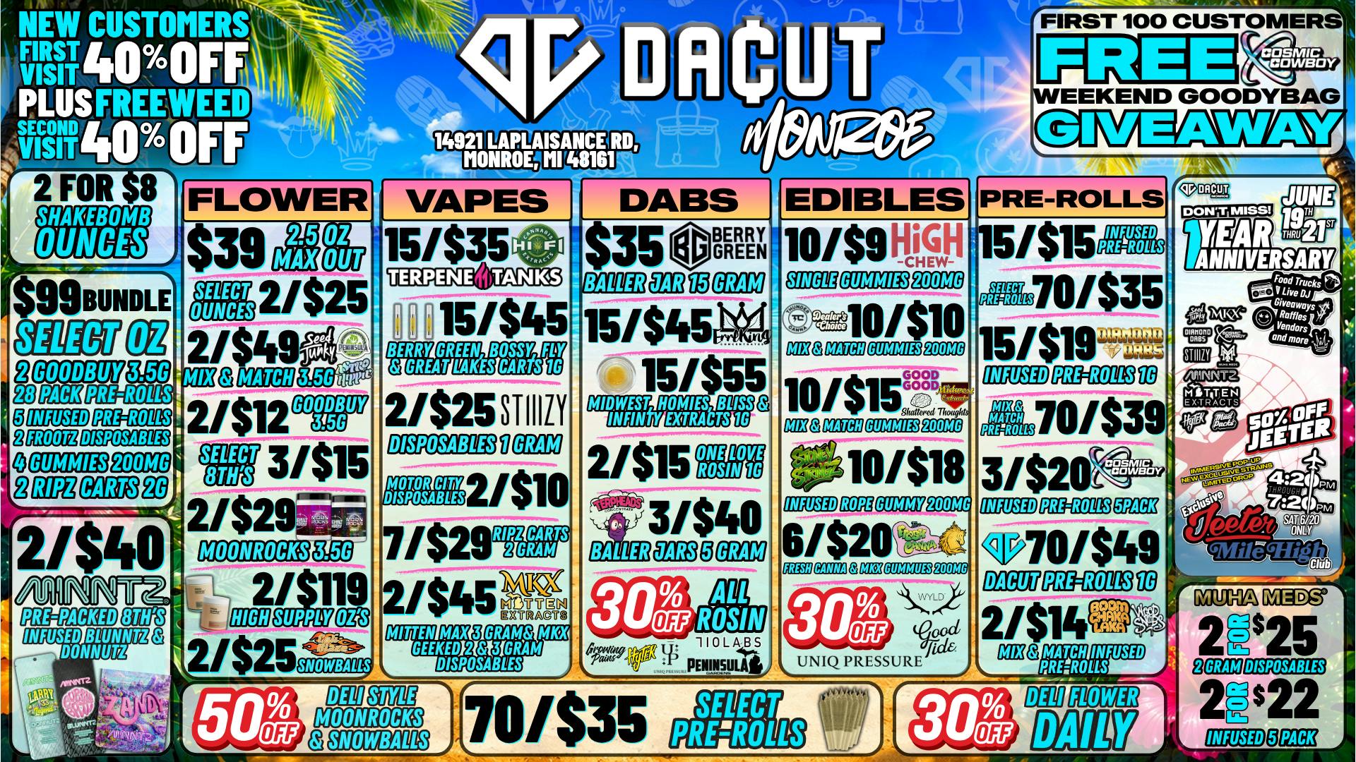 DACUT - Monroe 2/$8 Shake OZ,15/$35 Carts,70/$35 Pre-Rolls + MORE