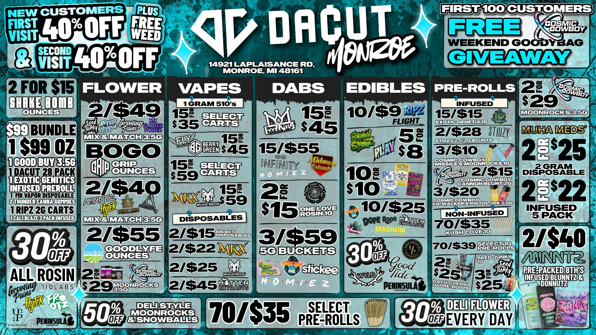 DACUT - Monroe 15/$35 Carts, 15/$45 Wax, 70/$35 Pre-Rolls